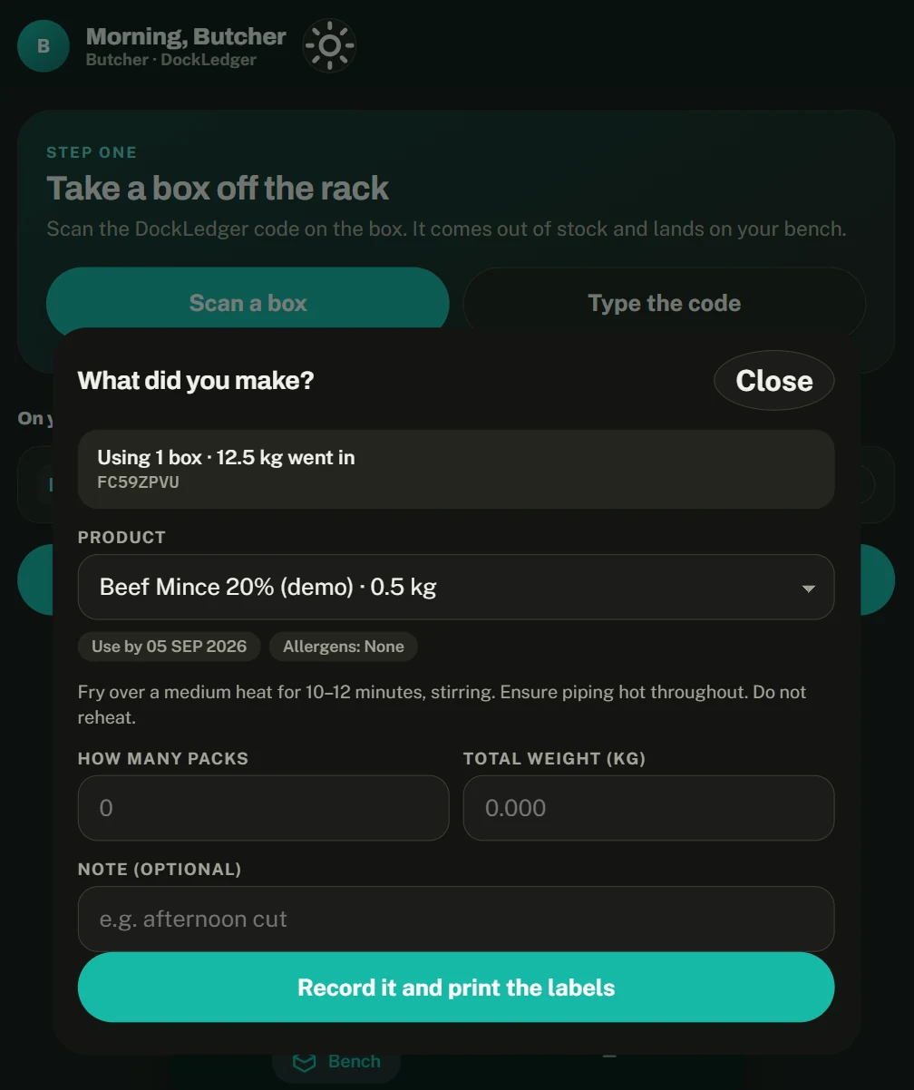 The butchery app on a phone: a box on the bench, the product picked, packs and weight, and one button to record it and print the labels