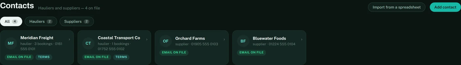 The Contacts screen: carriers, suppliers and drivers with their portal status