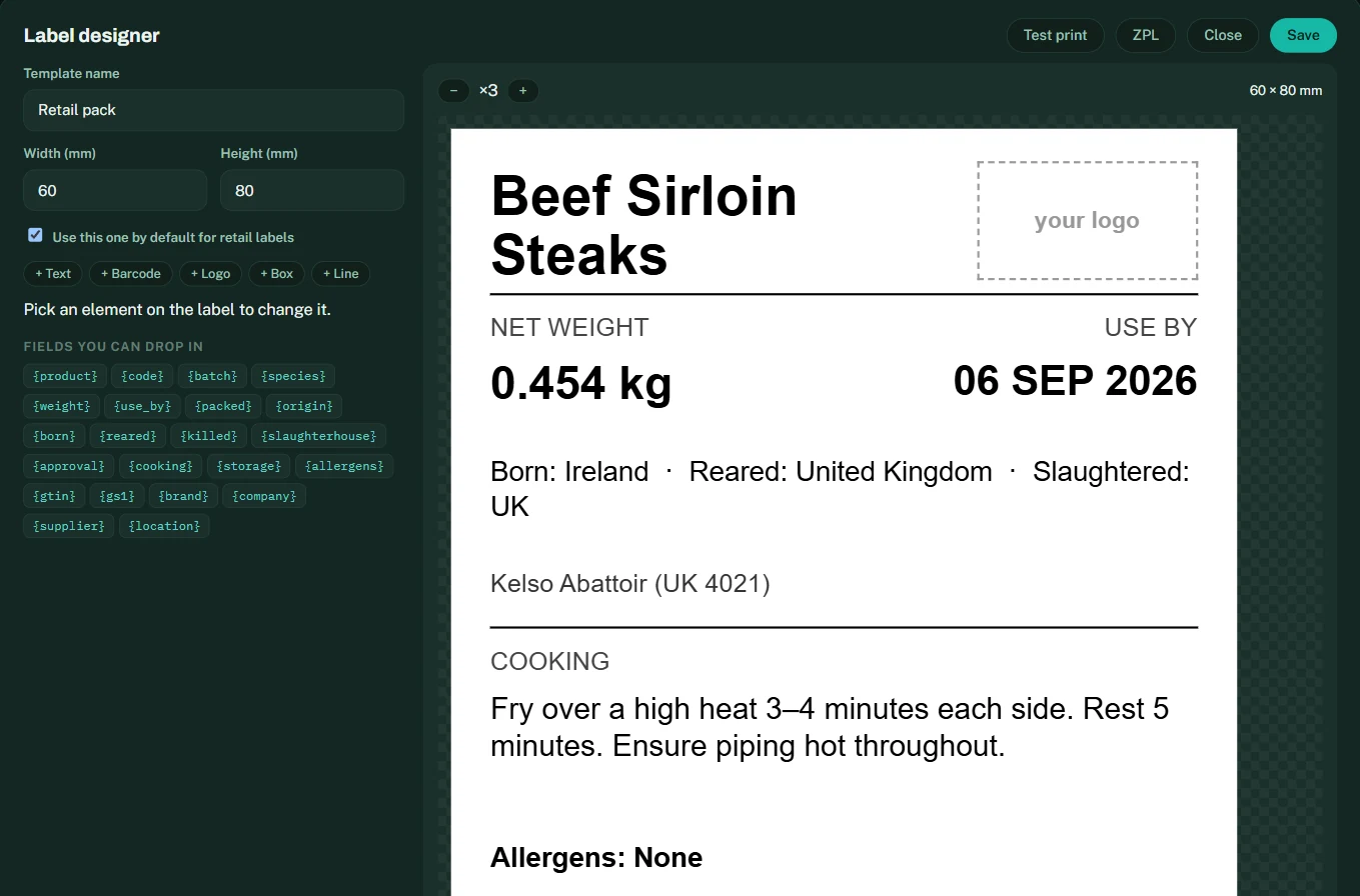 The label designer: fields on the left, a 60 by 80 mm retail label on the right showing product, net weight, use-by, origin, cooking and allergens