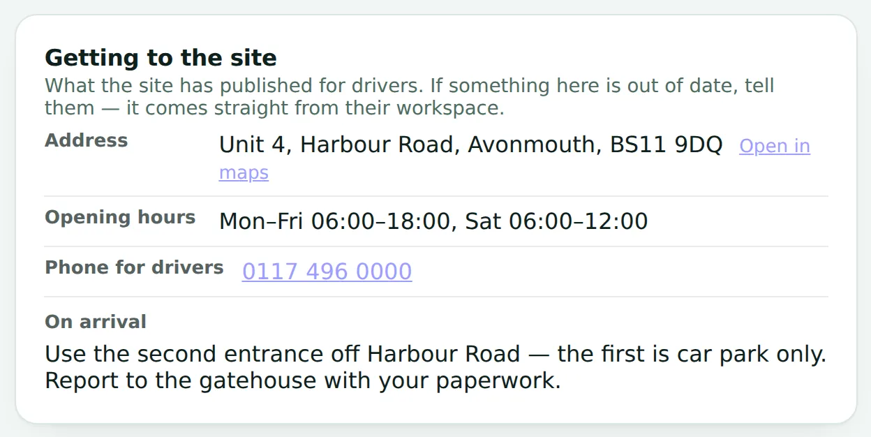 Your site details as a carrier sees them in the portal