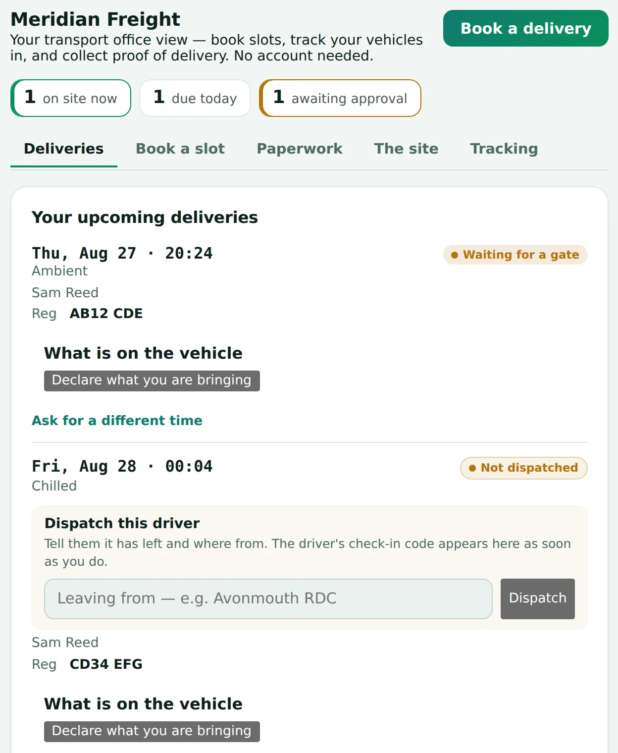 The carrier portal: deliveries, slot requests, declarations and proof of delivery