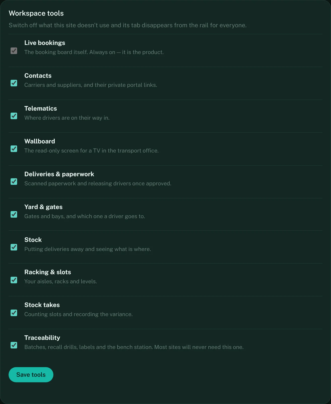 Workspace tools: a list of the site's screens with a tick against each one that is switched on